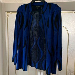 Ming Wang Blue & Black Open Front Knit Cardigan, Size L